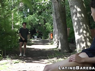 Bareback Young latinos Wilson and Alan barebacking in the woods